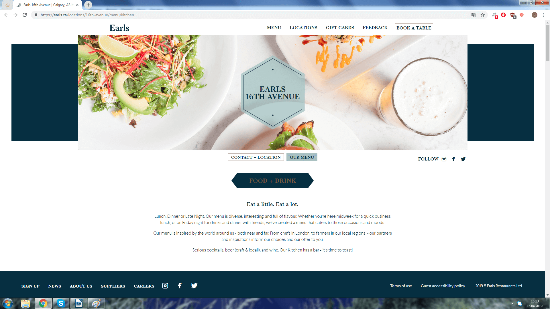 Простая адаптивная страница меню сайта ресторана Earls